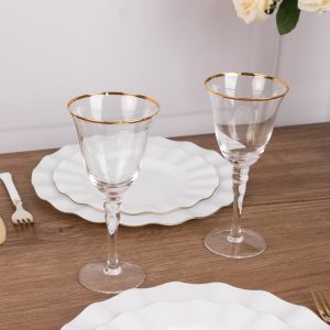 6-Pack Clear Wine Goblet Glasses 9oz Gold Rimmed Design with Long Beaded Stem 8" - Handblown Vintage Crystal Glassware for Cocktails